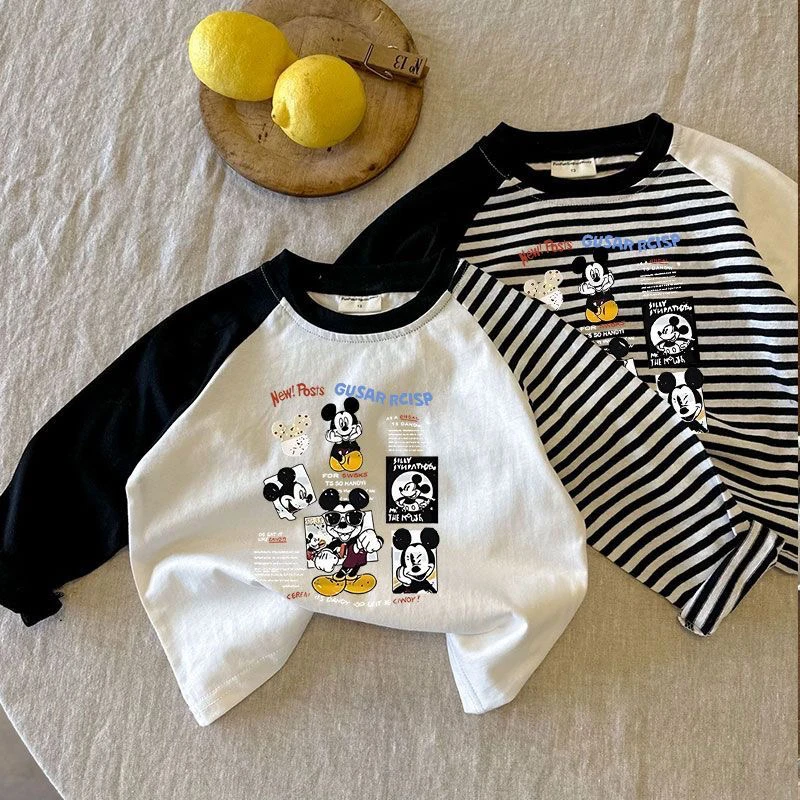 新款男童纯棉条纹袖打底儿童秋装卡通米奇长袖T恤男女宝洋气上衣