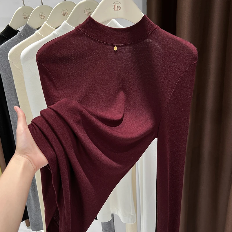 正肩长袖T恤衫女半高领内搭安可拉红色修身打底衫上衣秋冬新款