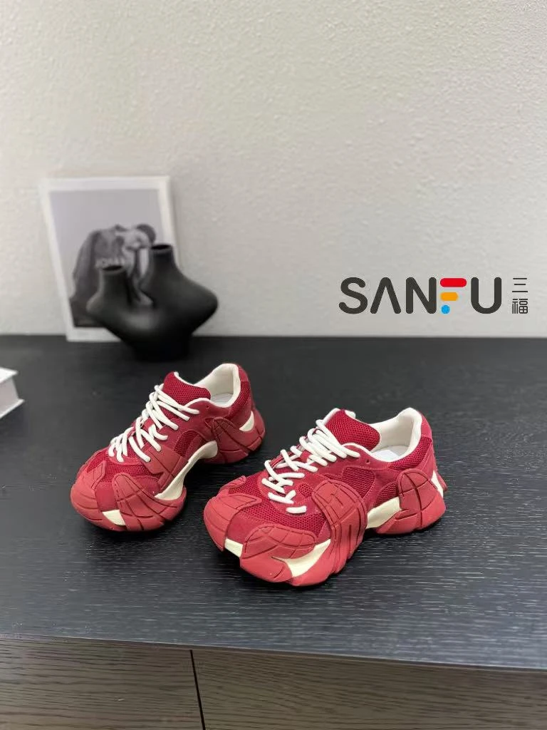 三福2025秋季新款小个子松糕底百搭小众系带休闲女时尚透气老爹鞋