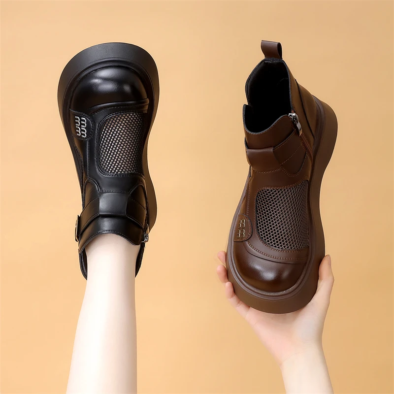 韩版高级感厚底网纱马丁靴女2025春季新款透气舒适显脚小薄款凉靴