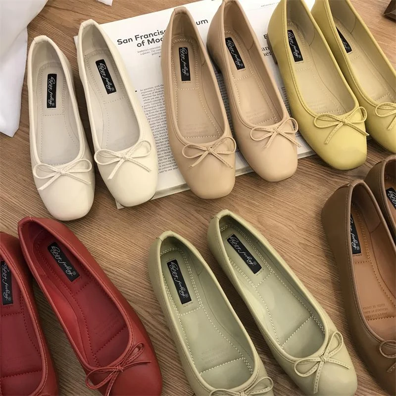 红色平底单鞋女鞋子年春季新款百搭仙女蝴蝶结方头浅口奶奶鞋