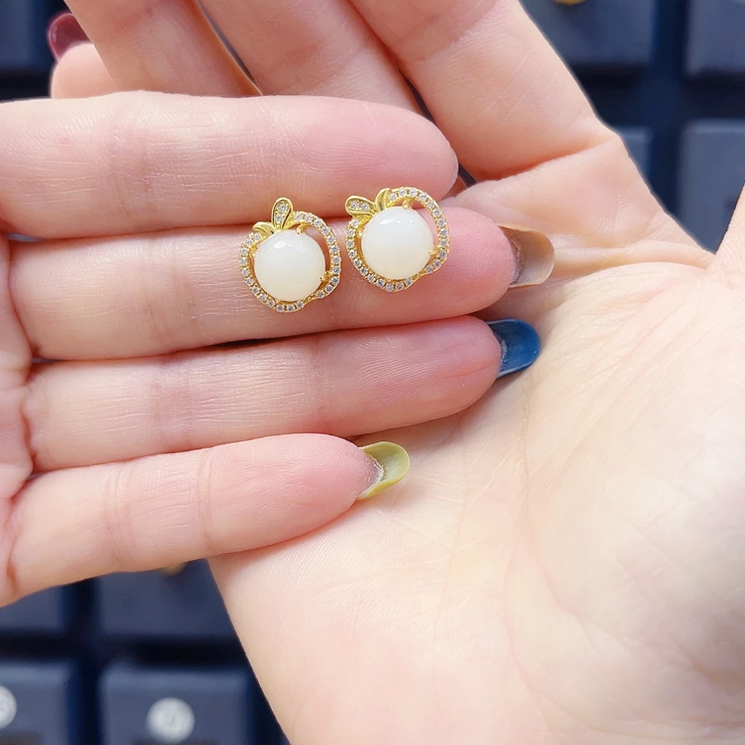 和田玉银S925镀金镶嵌耳饰