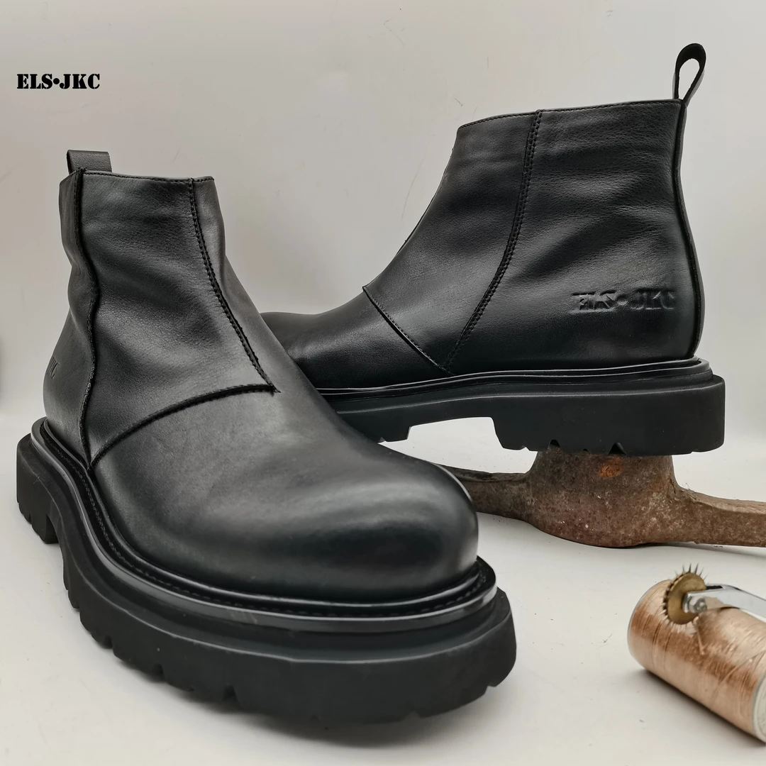 ELS•JKC品牌，俄罗斯设计师设计马臀皮男款绒里保暖型切尔西靴