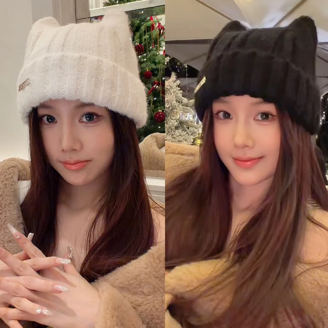 方圆脸超友好!可爱猫耳毛线帽女冬包头保暖护耳毛绒冷帽针织帽子