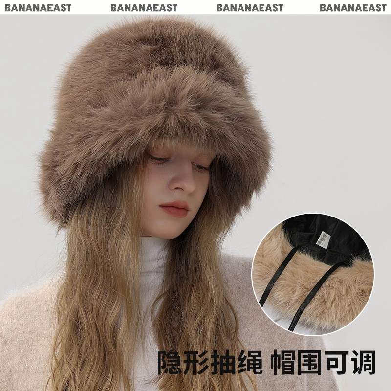 百搭保暖护耳渔夫帽秋冬季新款宽檐加厚仿兔毛盆帽纯色长毛绒帽子