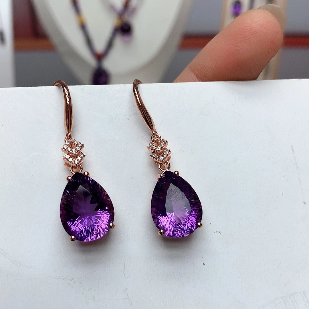微***3紫晶耳饰银S925镶嵌精品