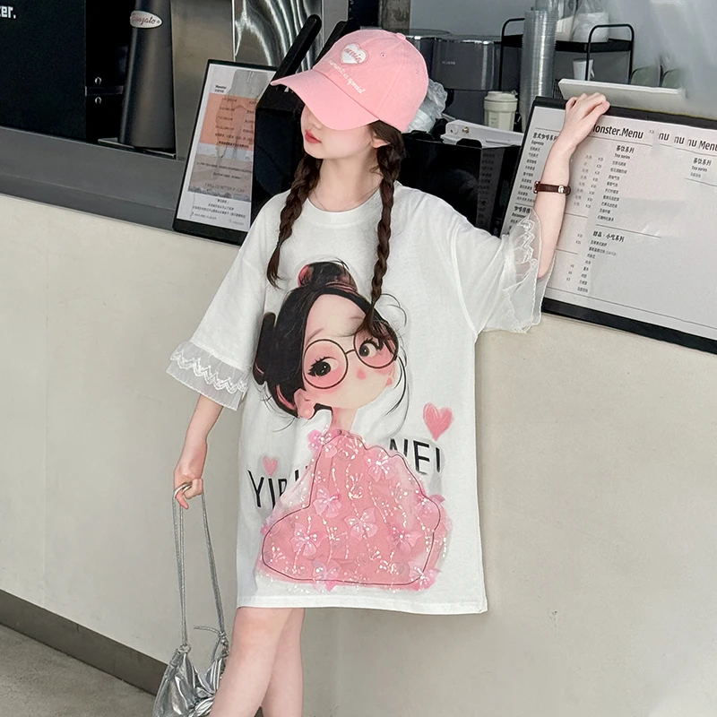 女童纯棉短袖T恤裙中大童小女孩宽松上衣韩版宽松t儿童百搭连衣裙