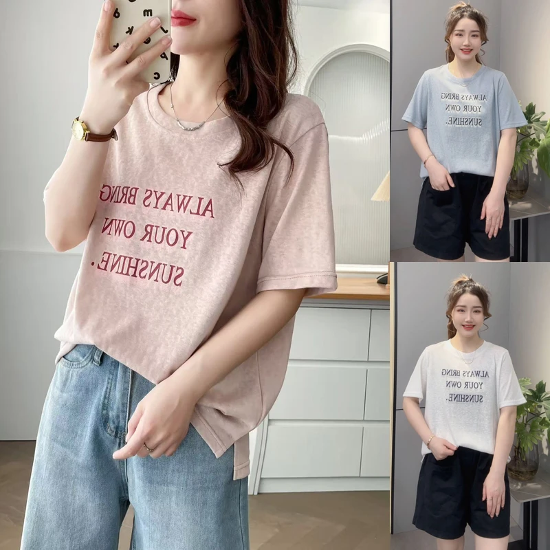 200斤大码女装夏装新款薄款复古模糊感字母圆领宽松显瘦短袖T恤