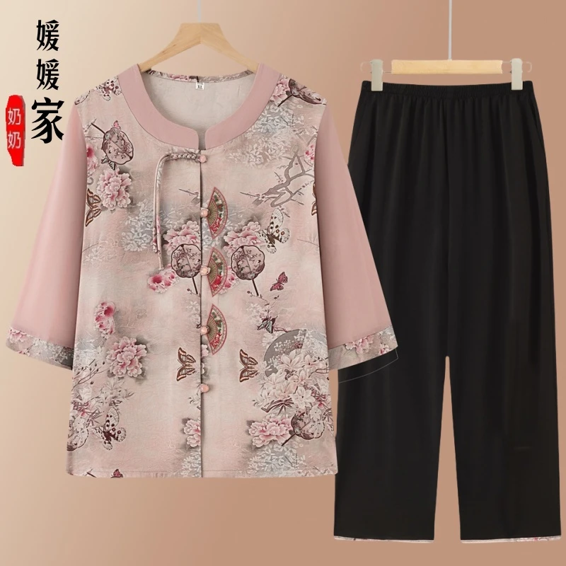 妈妈中老年夏装衬衫中老年人女装夏季套装奶奶衣服老太太七分袖女