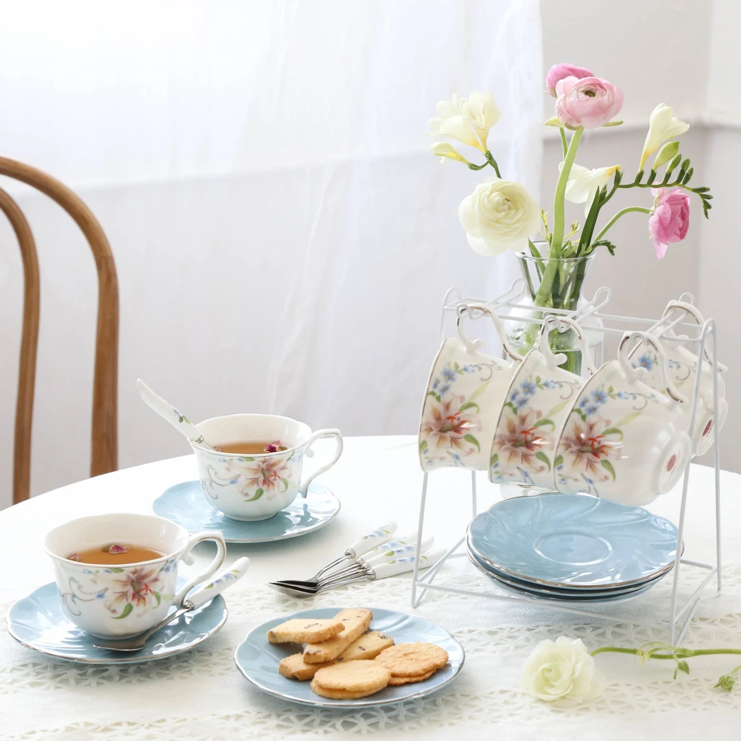 175m花仙子6杯碟配铁架花纹陶瓷咖啡下午茶茶具居家水具套装