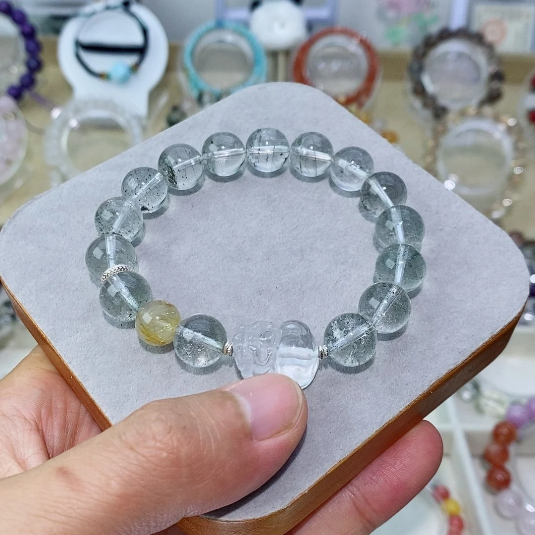 水晶手链银S925镶嵌绿幽灵手串11mm