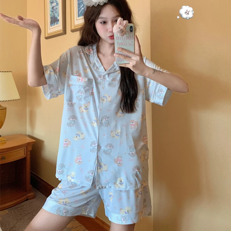 夏季冰丝大码薄款睡衣女套装卡通小狗印花宽松加肥250斤穿家居服