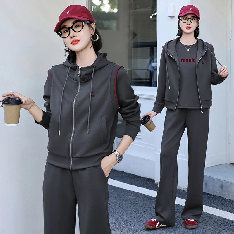 2025春季休闲运动服套装女时尚高档洋气减龄连帽外套阔腿裤三件套