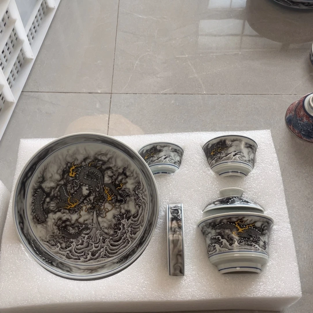 瓷片景德镇黑墨龙游海五件套