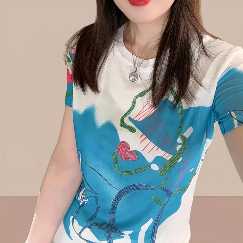 洋气休闲装女装轻熟风扎染短袖t恤女2025时尚修身显瘦气质上衣