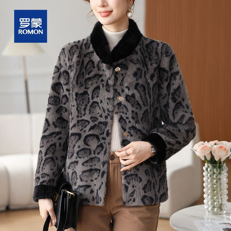 罗蒙中年妈妈秋装毛呢绒外套2025新款中老年女装秋冬时尚豹纹大衣