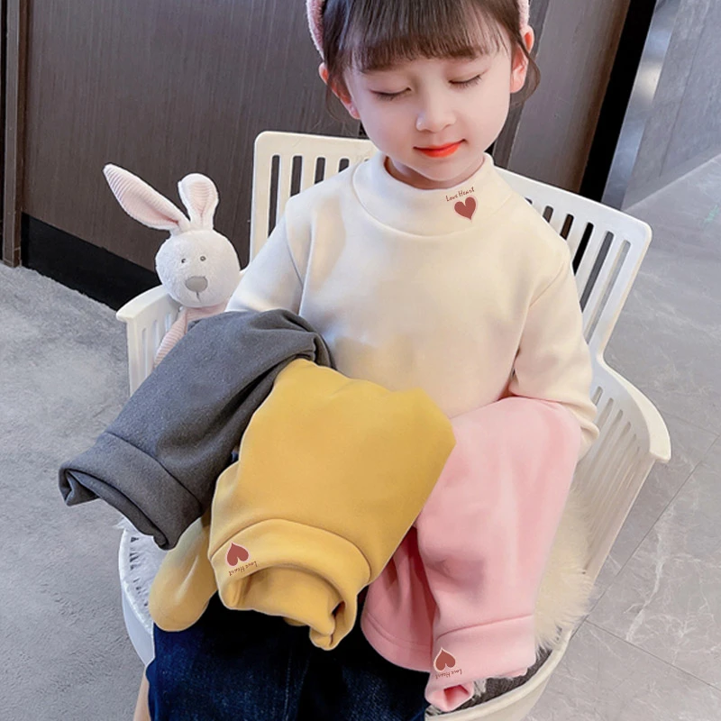 女童德绒打底衫秋冬季爱心印花儿童女孩内搭上衣中大童款长袖t恤