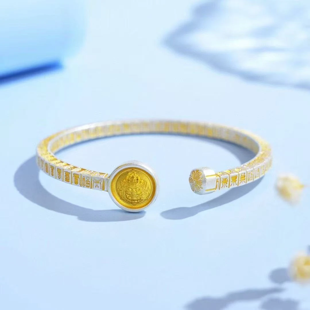 足银手镯 30克足银999.9中国风四方百福黄财神手镯