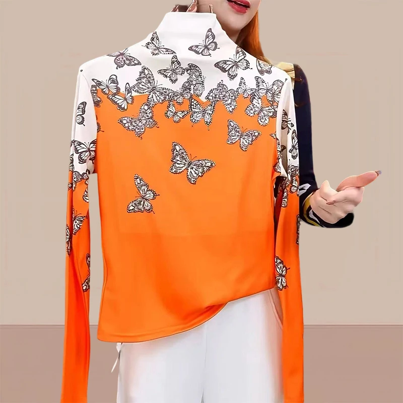 橘色蝴蝶时尚休闲长袖T恤女2025新款秋冬打底衫女内搭半高领上衣