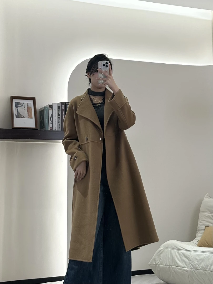 春秋女装设计翻领通勤韩版过膝羊绒大衣服外套