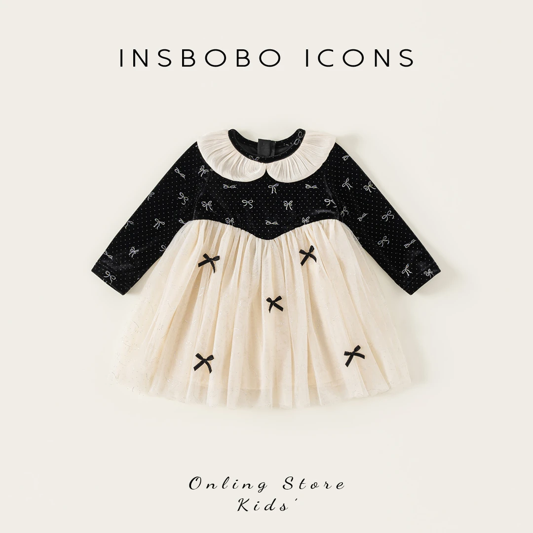 QQ25103【秋】儿童裙子（可爱娃娃领撞色绒面拼接网纱连衣裙）