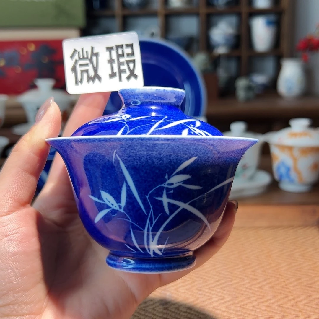 【闪购商品】微瑕 手绘 洒蓝 盖碗
