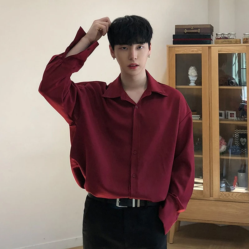 红色长袖男士衬衫高端春秋韩版衬衣网红免烫抗皱痞帅高级感男衬衣