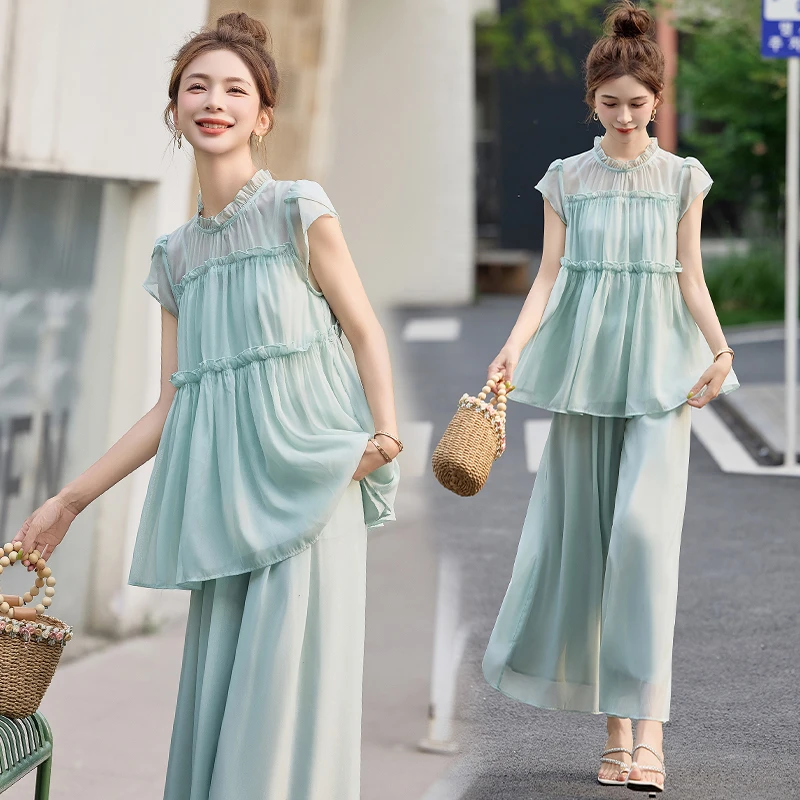 法式荷叶边时尚套装女2025年夏季新款设计感网纱拼接阔腿裤两件套