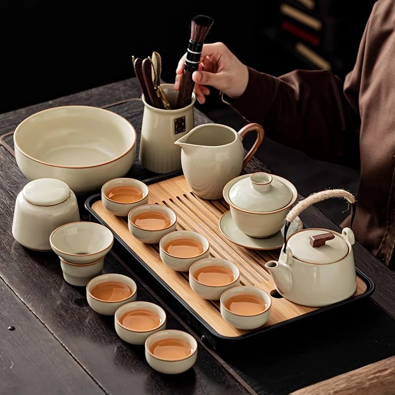 米黄汝窑功夫茶具套装新款家用中式喝茶轻奢高档陶瓷茶壶盖碗全套