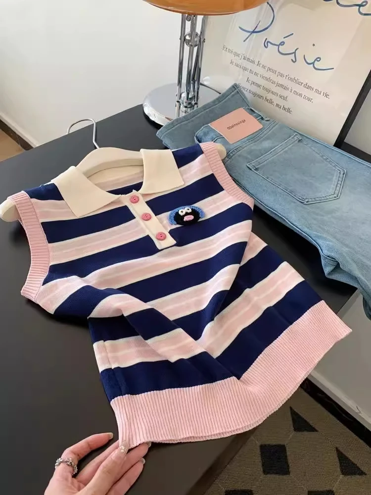 韩系甜美撞色条纹无袖睡衣女2025夏最新款百搭显瘦针织上衣家居服