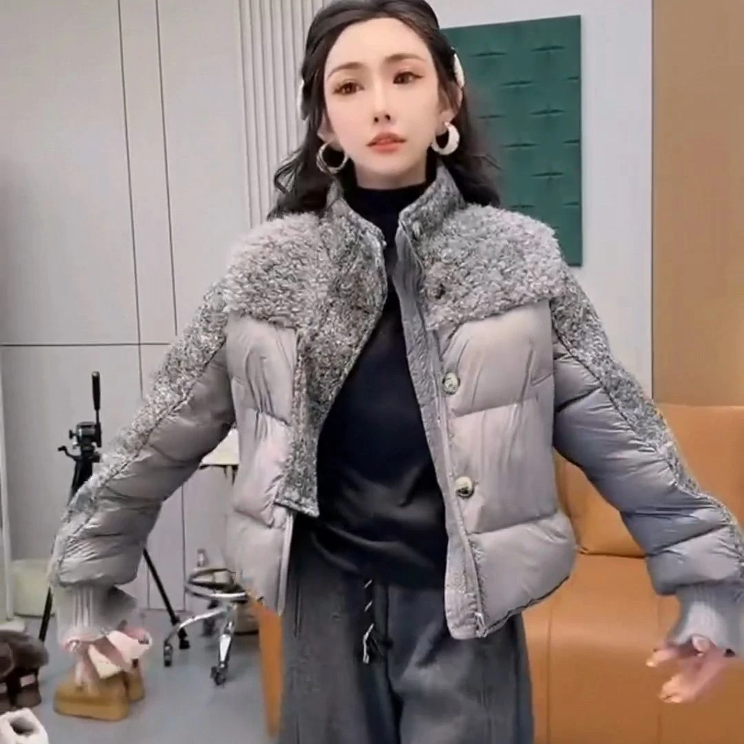 轻奢时尚舒适纯色压格夹棉保暖开衫上衣新款休闲修身显瘦棉服外套