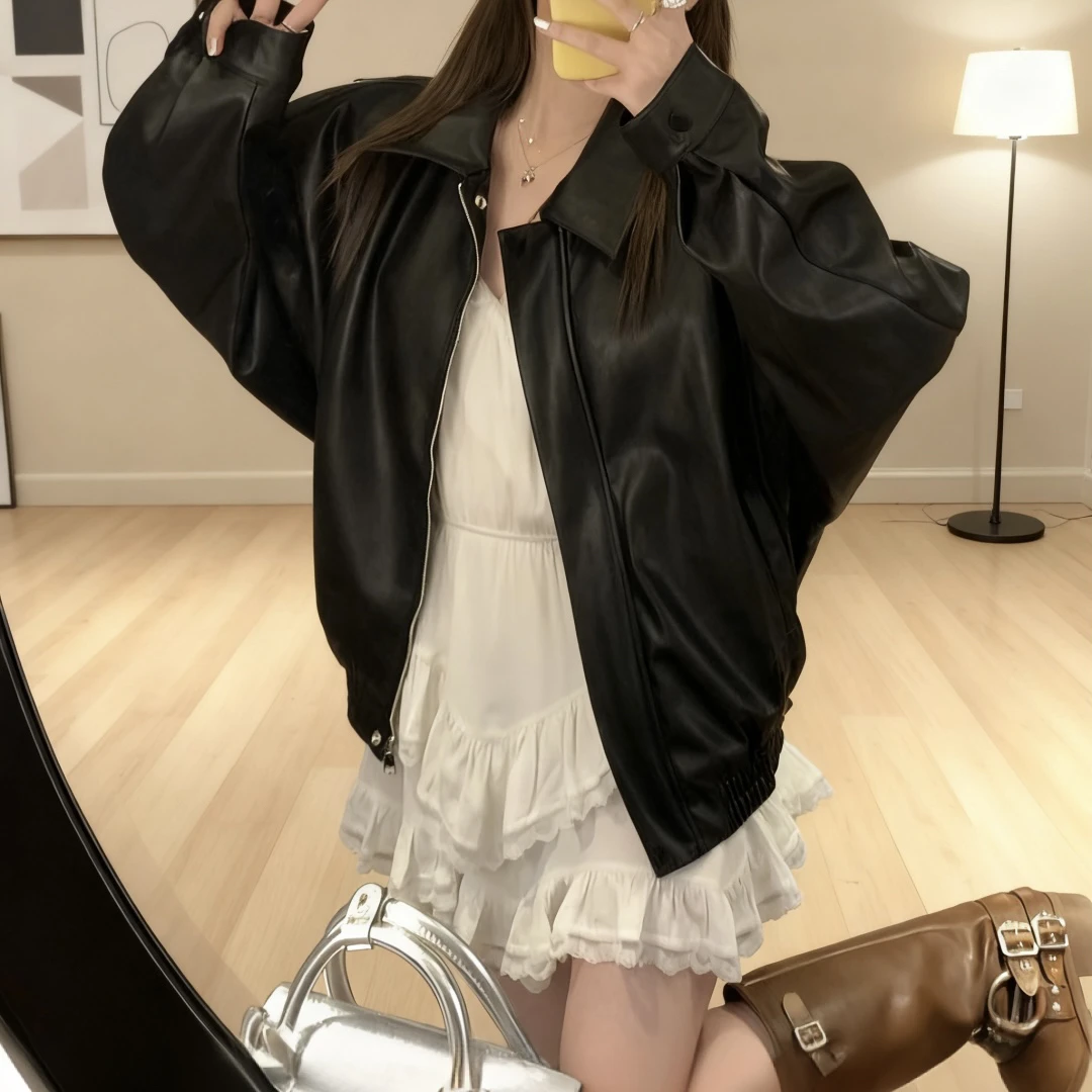 春秋外套女装外套黑色休闲运动时尚潮流皮衣外套女款爆款2025新款