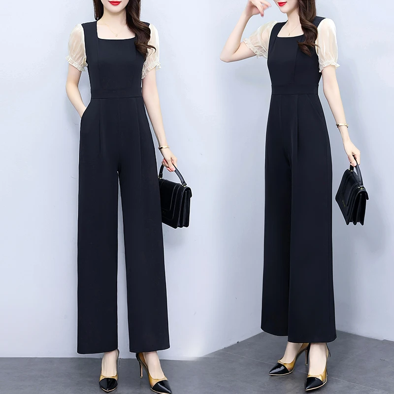 法式连身裤气质名媛连体裤套装女2025年新款夏季短袖阔腿裤连衣裤