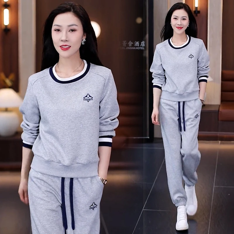 高含棉时尚休闲运动服套装女2025年春秋新款圆领卫衣阔腿裤两件套