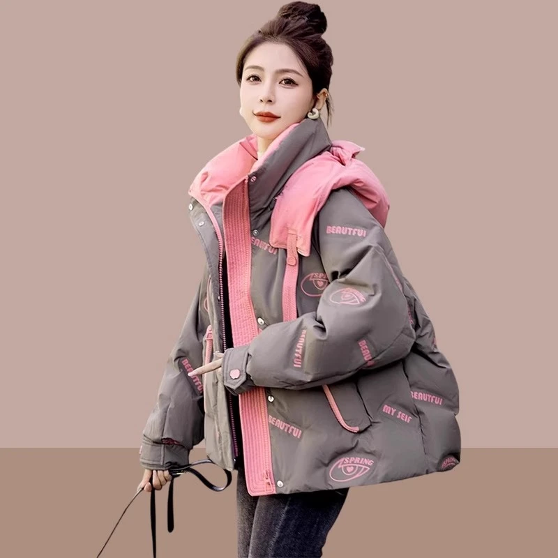 欧货撞色拼接连帽加厚棉服洋气女短款2025冬季新款小个子棉衣外套