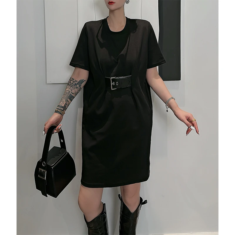 Dan Dan 黑色圆领短袖连衣裙女