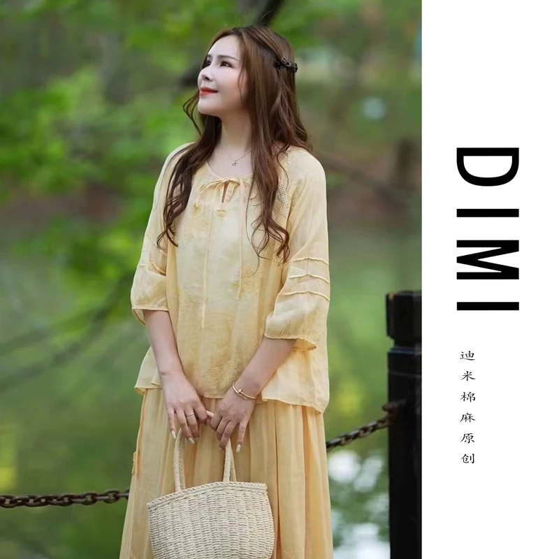 迪米夏季新款纯苎麻重工刺绣仙女系小衫女士宽松舒适上衣9333