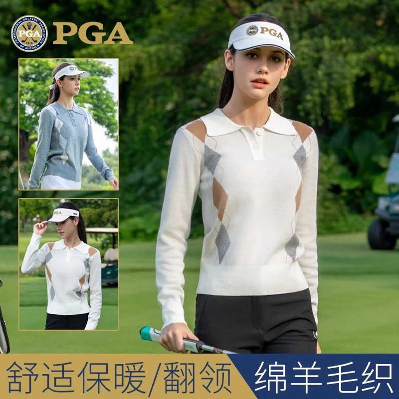 美国PGA 高尔夫女装毛衣秋冬长袖女士服装上衣喇叭长裤套装