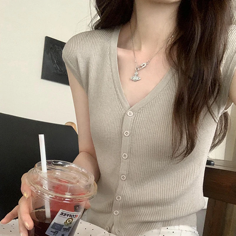 洋气慵懒风单排扣V领坎肩新款短袖针织开衫设计感韩版洋气休闲装