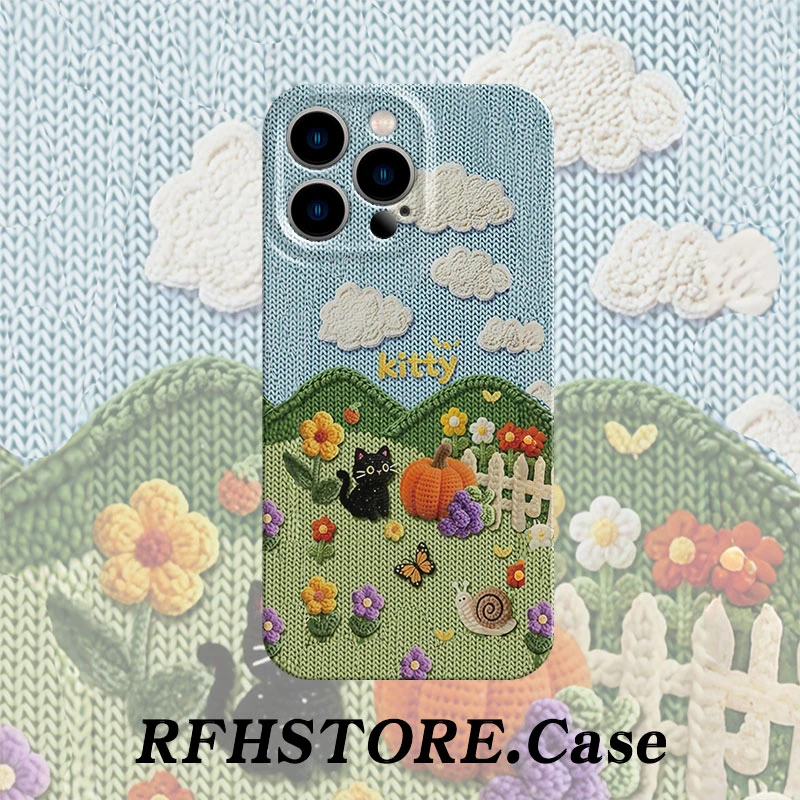 飞虎胜油画小黑猫花园适用苹果16pro菲林手机壳华为vivo小米oppo