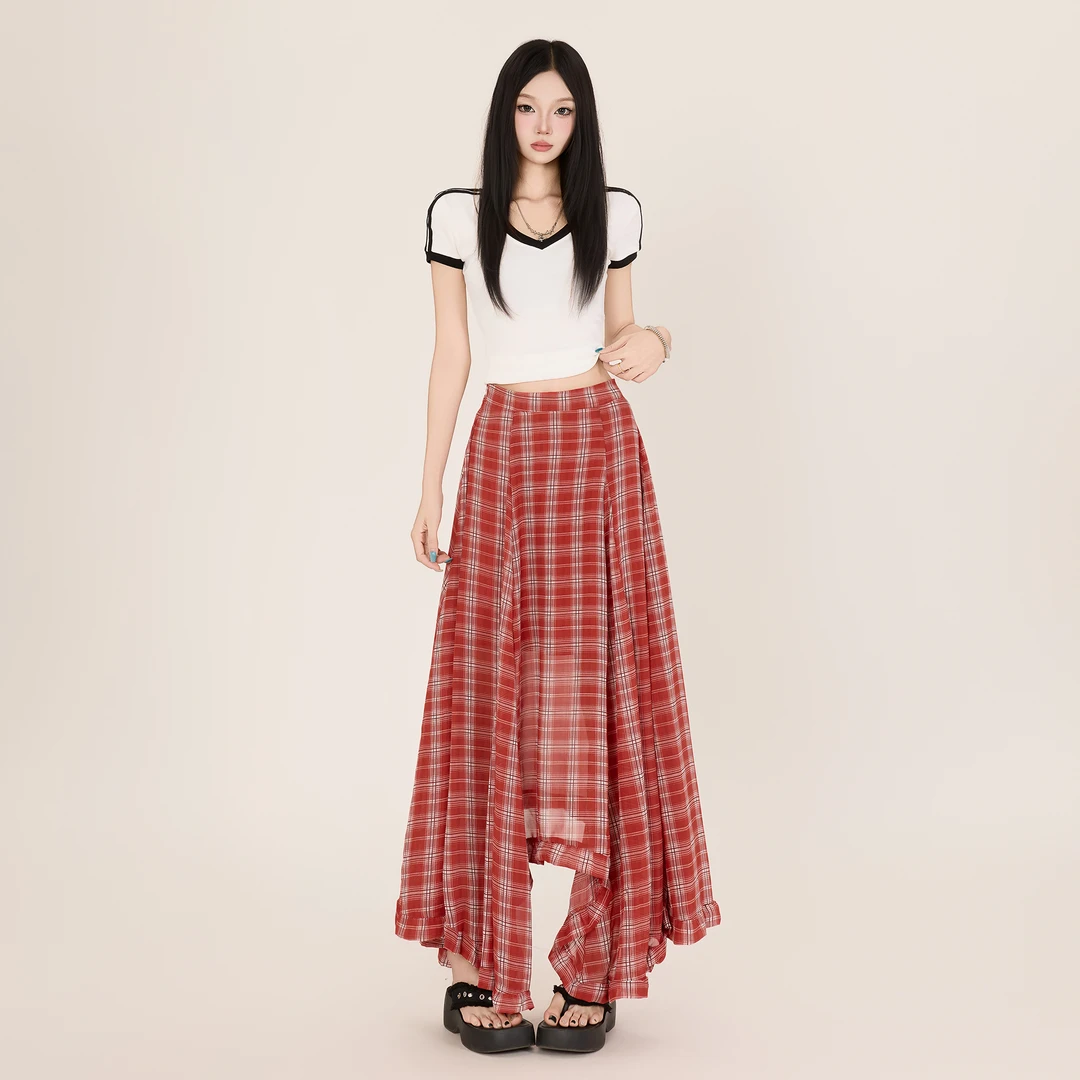 海边度假不规则红色格子长裙女夏季小众设计不规则高腰A字半身裙