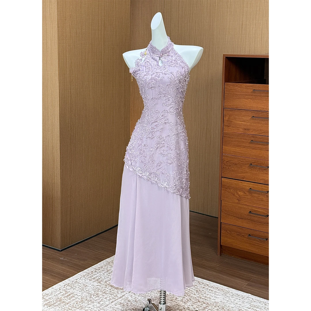 【雯雯专属】凌茜恣禾【落樱】国风新中式浅紫提毛裙修身显瘦旗袍裙子