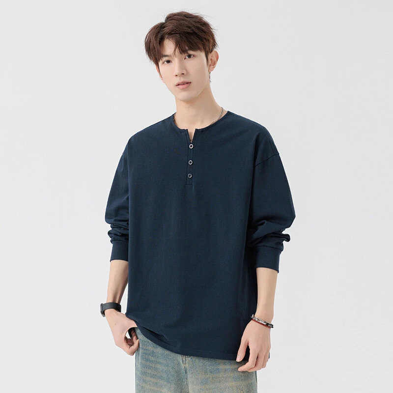 260克重磅亨利领休闲长袖T恤男士春季潮牌美式宽松三粒扣纯色上衣
