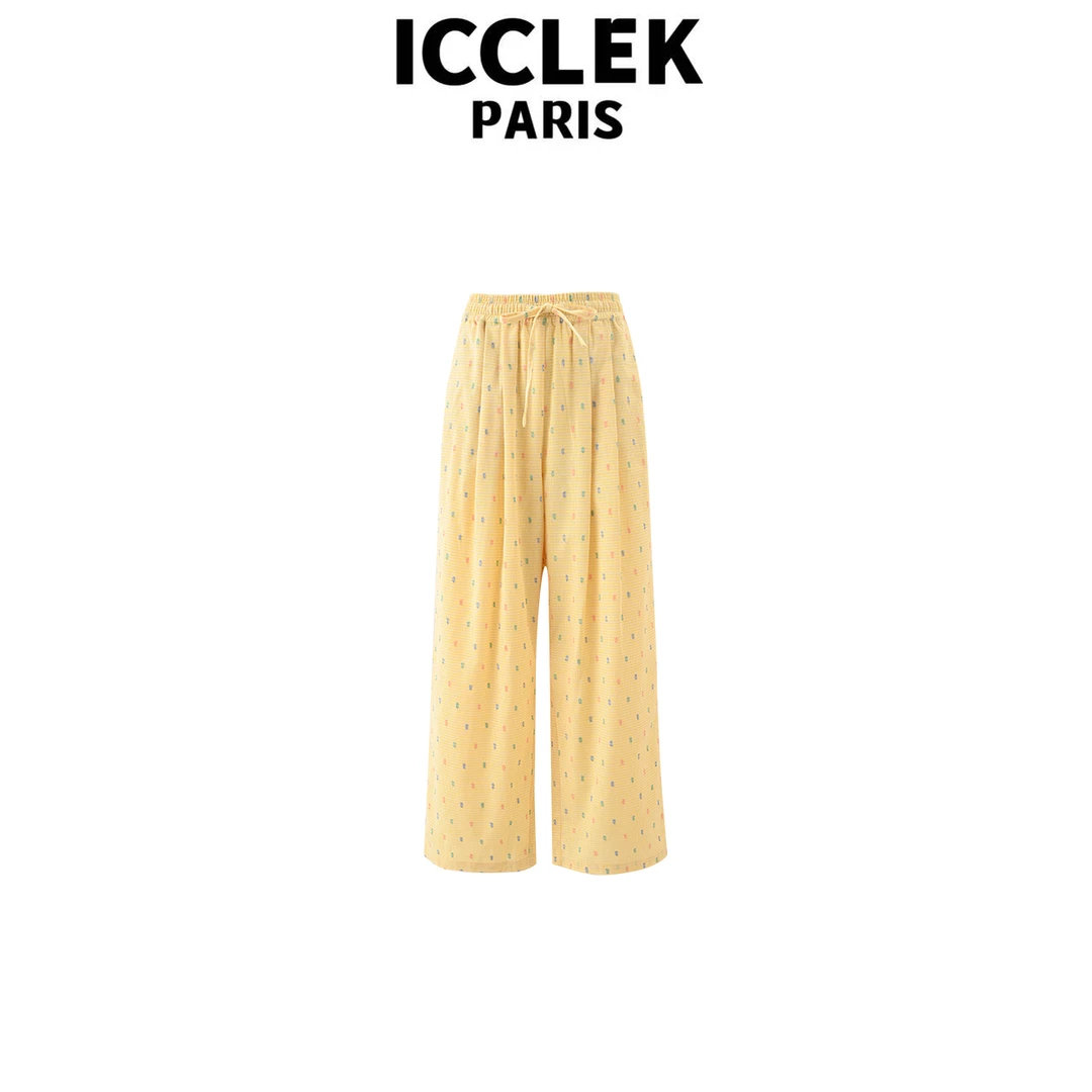 ICCLEK 黄色松紧腰刺绣经典休闲阔腿裤夏季宽松显瘦百搭裤子-5655