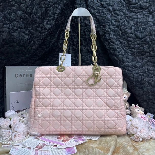 95新 DIOR/迪奥 迪奥粉色八格软戴妃托特包单肩包