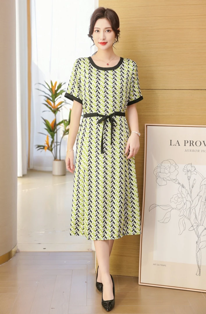 【时装高定款】亚丁绿气质修身时尚夏季印花连衣裙女装大码连衣裙