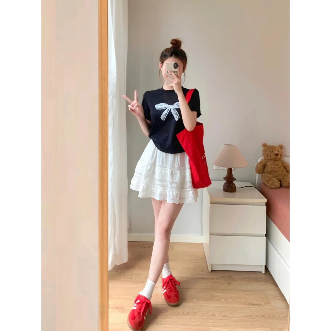 2025新款夏季蝴蝶结短袖T恤宽松显瘦韩系百搭气质纯棉半袖体恤女