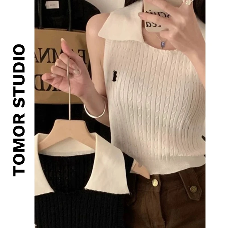 【直播专属】甜美风polo领刺绣针织无袖背心夏季装显瘦短款修身上衣