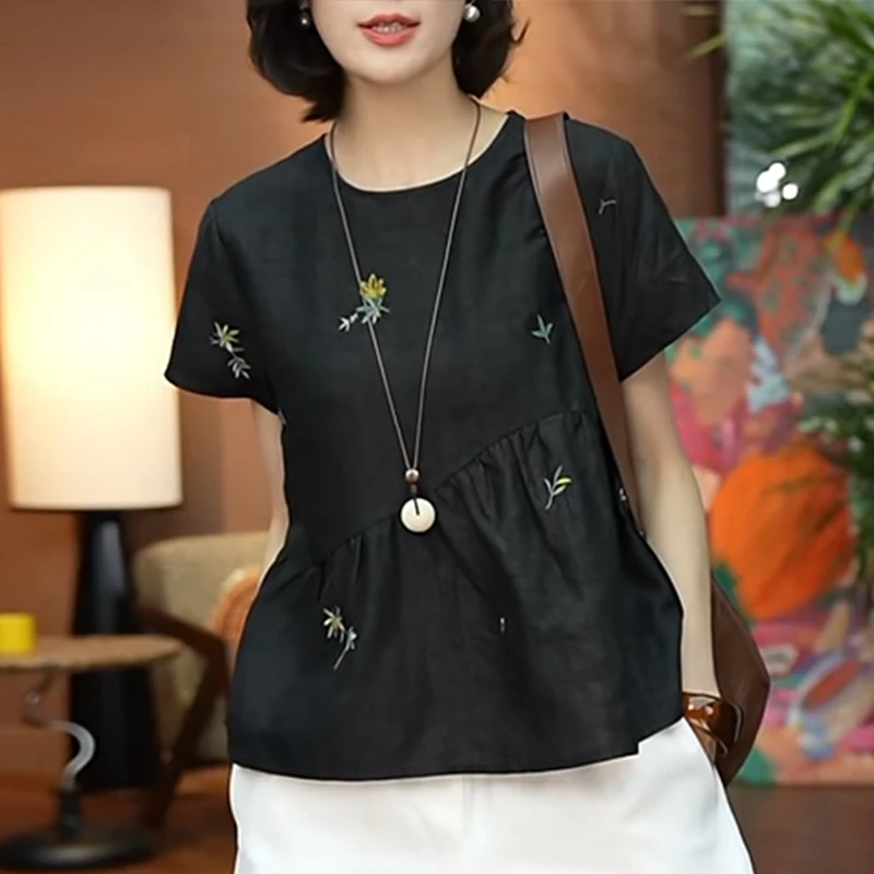 纯色圆领短袖T恤2025夏季大码胖MM宽松显瘦高级百搭半袖女士上衣