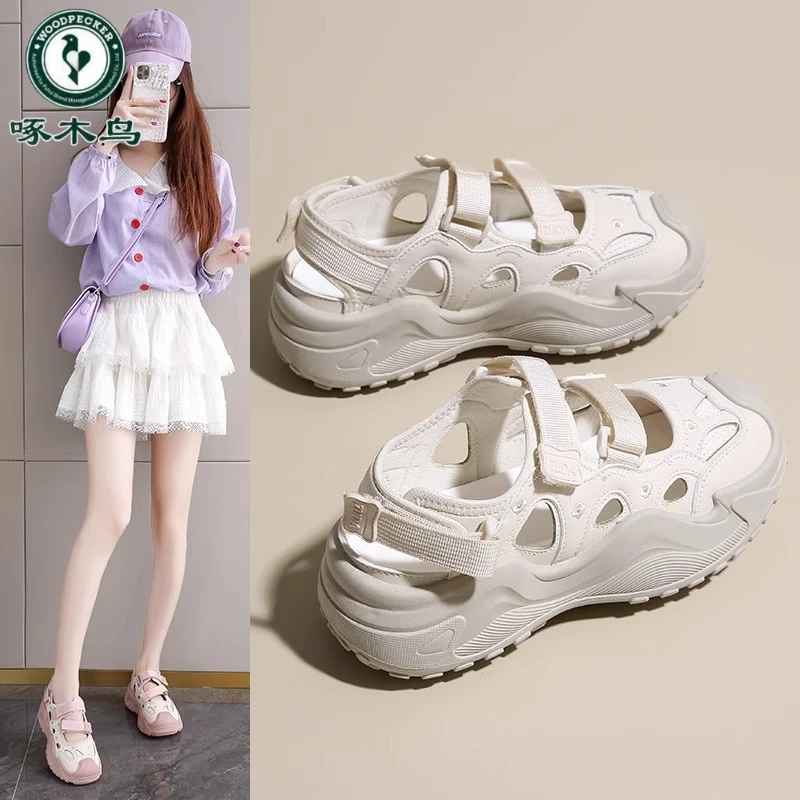 啄木鸟老爹凉鞋女2025年新款夏季外穿一脚蹬洞洞鞋沙滩厚底运动鞋